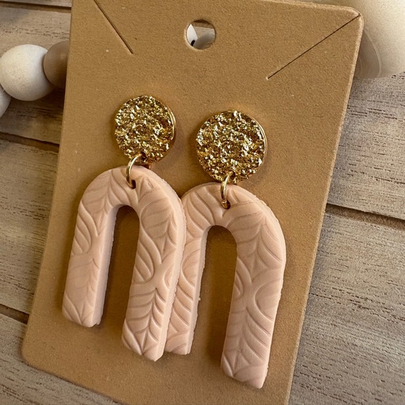 Handmade Blush Pink Arch Earrings with Gold Textured Studs | Boho Jewelry - Picture 3 of 5